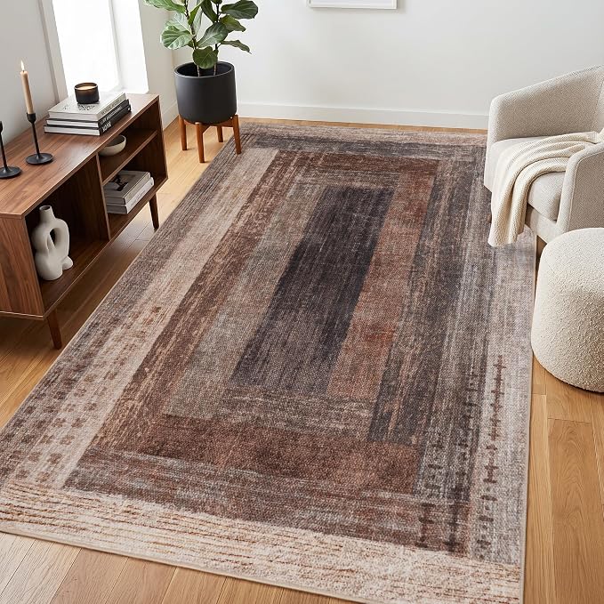 Neutral Geometric Beige 9x12 ft Large Rug for Living Room Bedroom | Contemporary Modern Area Rugs Vintage Non-Slip Soft Faux Wool Low Pile Indoor Carpet for Dining Room Office Home Decor