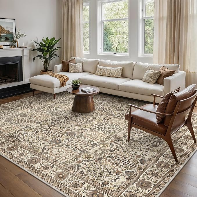 Washable Rugs 8x10 for Living Room, Vintage Floral, Dark Espresso | Spill Resistant, Lightweight, Low Pile Non-Shedding Carpet for Bedroom, Dining Room and Office