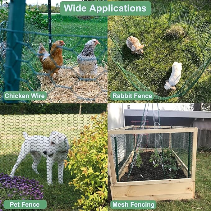 Mklsit Chicken Wire for Floral Arrangements, 15.7 x 157 Inches Green Mesh, 0.6 Inch Hexagonal Galvanized PVC Coated Netting Fence for Crafts, Poultry, Garden