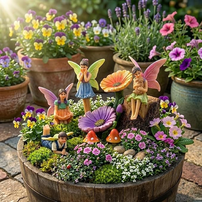 PRETMANNS Fairies for Fairy Garden Accessories for Outdoor - 4 Figurines Miniature Set with a Flower Stump, 2 Mushrooms - Ideal for an Indoor Miniature Fairy Garden Starter Kit - 7 Piece Supplies