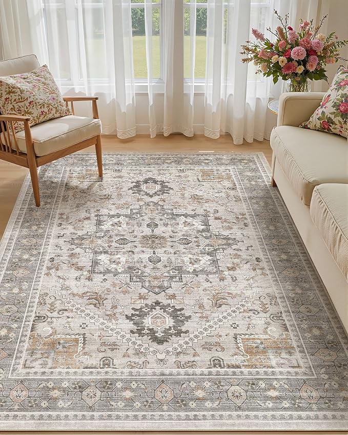 Washable Area Rug-5X8 Vintage Neutral Soft Taupe | Non Slip Thin Foldable Large Floor Carpet for Living Room Bedroom Kitchen Dining Room Home Office Farmhouse Indoor