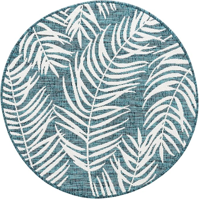 Unique Loom Outdoor Botanical Collection Area Rug - Palm (4' 1" Round, Teal/ Ivory)