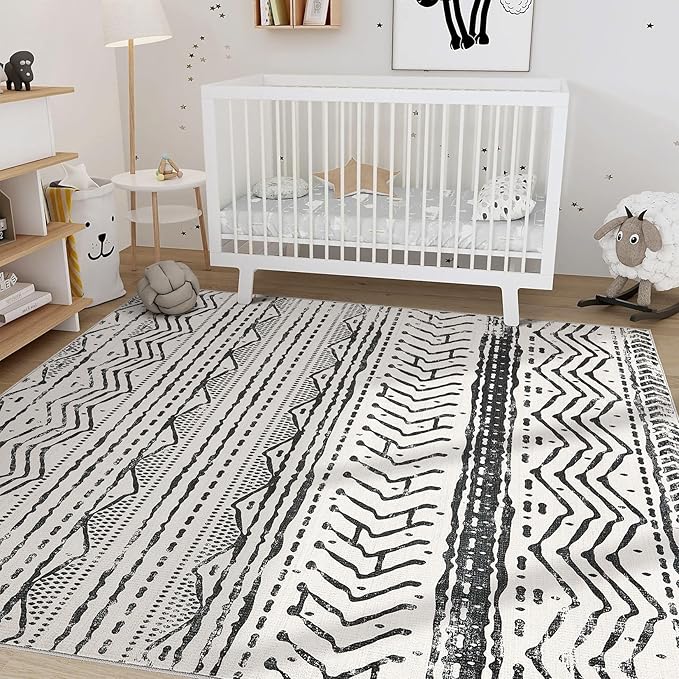 Nakagishi Black Rug Living Room Rugs: 10x14 Machine Washable Boho Large Neutral Modern Soft Moroccan Stain Resistant Indoor Floor Non Slip Accent Carpet for Bedroom Nursery Kids Playroom Office