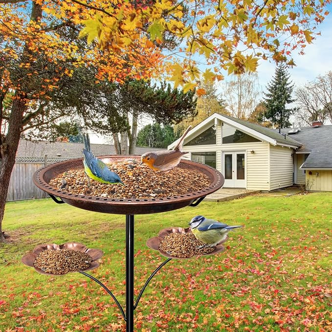 37In Metal Bird Bath for Outside, Vintage Standing Birdbaths with 2 Detachable Flower Feeders, Large Bird Bath Bowl Bird Feeder for Garden Patio Yard,Upgraded 5-Pronged Base (Antique Bronze)