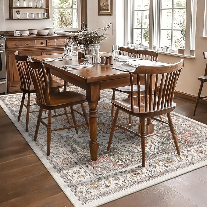6x9 Area Rug for Living Room Soft Washable Vintage Boho Area Rug | Non-Slip Retro Print Low Pile Stain Resistant Carpet Orange Gray Distressed Indoor Rug for Bedroom Dining Room Nursery Office