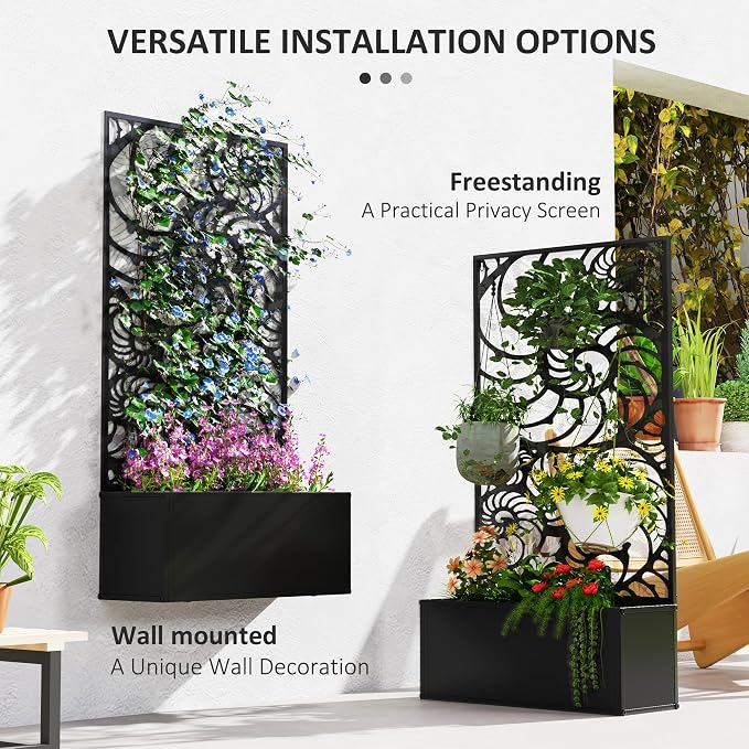 Outsunny Metal Raised Garden Bed with Trellis for Climbing Plants, Freestanding or Wall Mounted Flower Bed with Privacy Panel, Snail Cut-Outs Outdoor Planter Box for Garden, Patio, Balcony