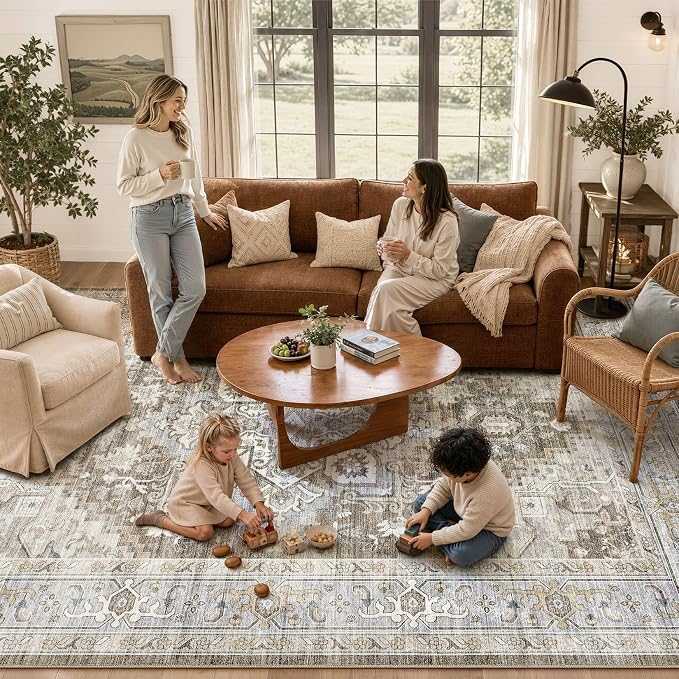 DTICON Vintage Washable 9x12 Area Rug Living Room Rugs, Brown Gray | Boho Distressed, Pet & Kid Friendly, Non-Slip Backing, Soft Polyester, Low-pile Carpet for Living Room, Bedroom, Dining Room