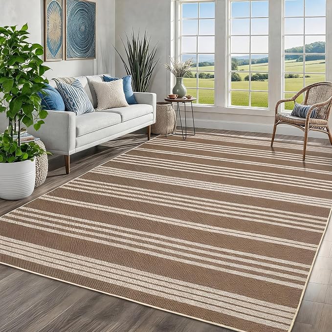 Garvee 8x10 Easy Jute Washable Rugs for Living Room Bedroom Rug, Brown | Modern Line Print Area Rug Stain Resistant Easy Cleaning Throw Rugs Low Pile Floor Cover for Nursery Dining Room Apartment