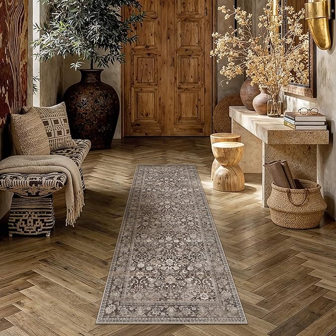 HUGEAR 2x6 Runner Rug Machine Washable Coffee Brown Hallway Area Rugs Indoor Accent Rugs Floral Low Pile Carpet Distressed Throw Rug Bedroom Living Room Office Dining Kitchen Laundry Non Slip