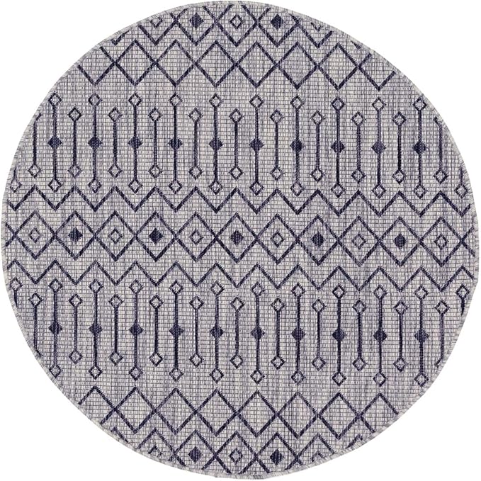 Unique Loom Outdoor Trellis Collection Area Rug - Tribal Trellis (5' 3" Round, Gray/ Black)
