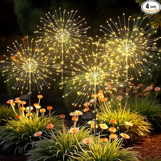 Solar Lights Outdoor, 120LED 4pack Fairy Garden Lights Decor for Outside Fireworks Lights Solar Powered for Yard, Patio, Pathway, Walkway, Balcony, Warm White