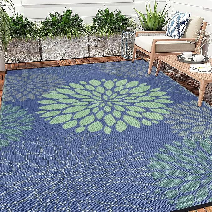 Ileading Waterproof Outdoor Rug 6x9, Reversible Plastic Straw Patio Rug, Portable Indoor Outdoor RV Camping Mat Carpet for Deck, Porch, Balcony, Backyard, Picnic, Floral Navy Blue