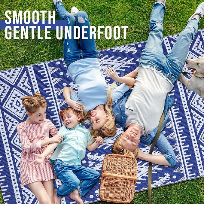 OLANLY Outdoor Rug Waterproof 5x8 ft, Reversible Outdoor Plastic Straw Rug, Boho Patio Rug, Indoor Outdoor Carpet, RV Mat Outside for Patio, Camp, Picnic, Balcony, Deck, Backyard, Blue & White