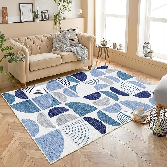 Blue Rug Boho Washable,4x6.5 Area Rugs for Bedroom Entryway Living Room Bedside,Small Throw Floor Carpet Non Slip Soft Indoor Modern Abstract Navy Blue