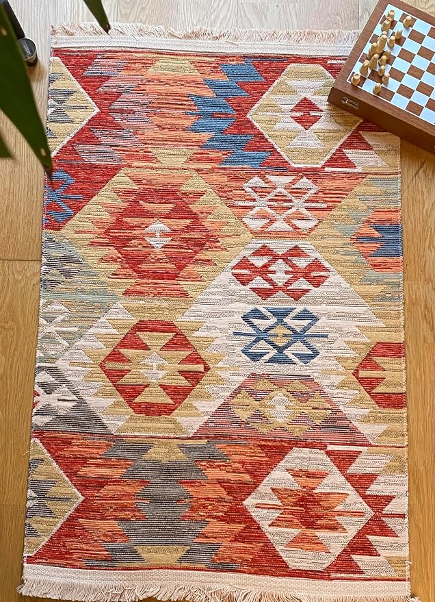 Secret Sea Collection: Modern Kilim Series Small Area Rug, Washable, Reversible, Cotton (2 x 3 feet, Ram's Head Abundance)