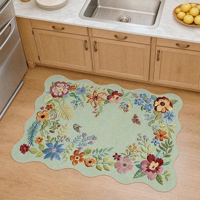 FMFUNCTEX 2x3 Washable Floral Vintage Scalloped Boho Flower Entryway Rug | Soft Colorful Traditional Door Mat Non Slip Low Pile Indoor Small Throw Rugs Entry Way Entrance Kitchen Laundry Doorway