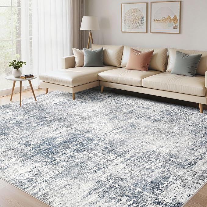 kakania Abstract 12x14 Area Rugs for Living Room: Washable Rugs Blue Grey | Soft, Non-Slip, Low-Pile, Pet & Kid Friendly - Large Modern Home Decor Carpet for Bedroom/Dining Room/Office/Nursery