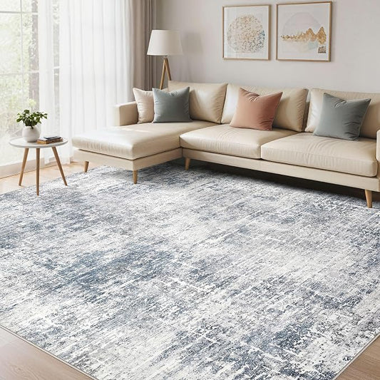 kakania Abstract 12x14 Area Rugs for Living Room: Washable Rugs Blue Grey | Soft, Non-Slip, Low-Pile, Pet & Kid Friendly - Large Modern Home Decor Carpet for Bedroom/Dining Room/Office/Nursery