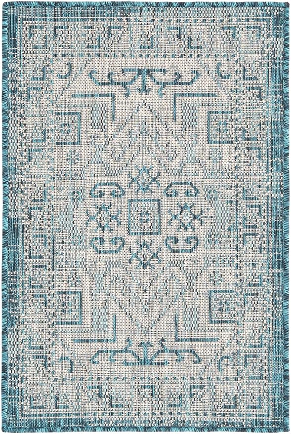 Unique Loom Outdoor Aztec Collection Area Rug - Coba (2' 2" x 3' 1" Rectangle, Teal/ Ivory)