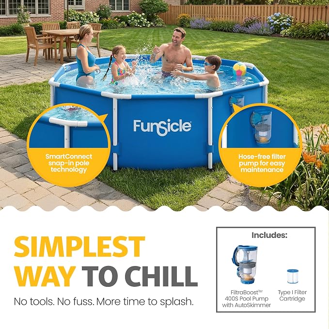 Funsicle Activity 8'x30 Above Ground Swimming Pool with Pump, Blue | Round Swimming Pool includes FiltraBoost 400 GPH Filter Pump With AutoSkimmer, Type I Filter Cartridge & Repair Patch