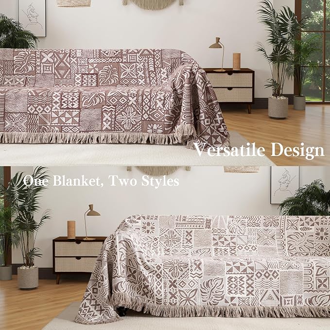 Phuryllic Boho Throw Blanket Full Size, Extra Large Soft Cozy Cotton Muslin Quilt Blanket for Bed Decor, Patchwork Block Couch Sofa Chair Cover, Vintage Farmhouse Cottage Woven Blanket, Brown&White