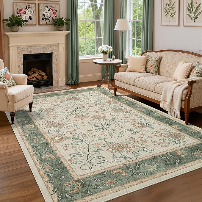 GarveeHome 4x6 Sage Green Washable Area Rug Bedroom Non Slip Nursery Room | French Country Floral Rug Low Pile Carpet Stain Resistant Throw Rug for Dining Room Bedside Kids Room Office