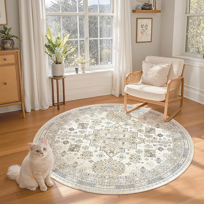 Round Rug 6ft,Circle Rug for Dining Room Table,Beige | Washable Rugs for Kitchen,Entryway,Bedroom,Dining Room,Nursery Room,Thin,Soft Runner Rug,Stain Resistant Indoor Carpet