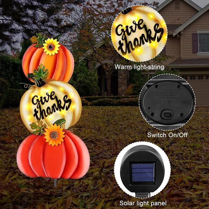 Fovths 39 Inches 3 Pieces Thanksgiving Metal Outdoor Fall Decorations, Giant LED Pumpkin Garden Lawn Patio Yard Signs, Metal Fall Waterproof Yard Sign for Home Thanksgiving Harvest Driveway Decor