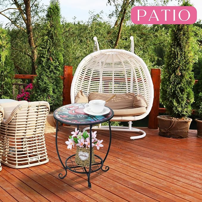 Cinnvoice Outdoor Side Table Round Small Mosaic Patio Accent Indoor End Plant Coffee Tea Table for Yard Patio Porch Garden Living Room, Bedroom(Flamingo Style,12 Inch)