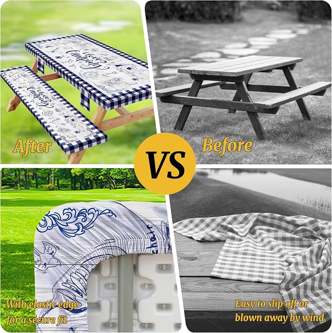 Picnic Table Cover with Bench Covers Elastic,Fitted Table Cloths for Rectangle Tables 6 Foot Washable,Waterproof Tablecloth for Outdoor Camping Essentials (Blue Checked, 6 Foot)
