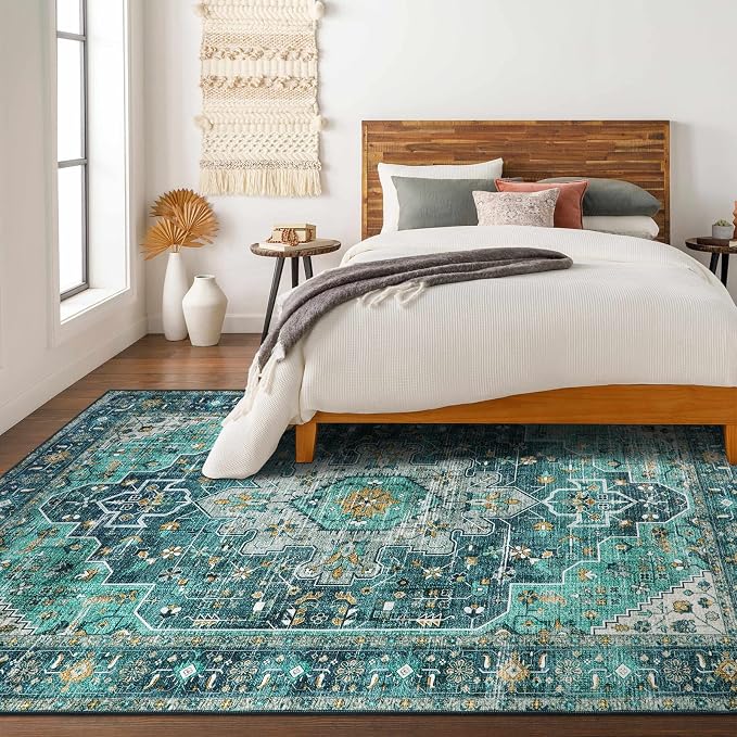 Moynesa Ultra-Thin Vintage Area Rug - 9x12 Large Living Room Rug, Non-Slip Stain Resistance Low Pile Bedroom Mat, Oriental Indoor Office Floor Carpet for Dining Room Kitchen Table Dorm