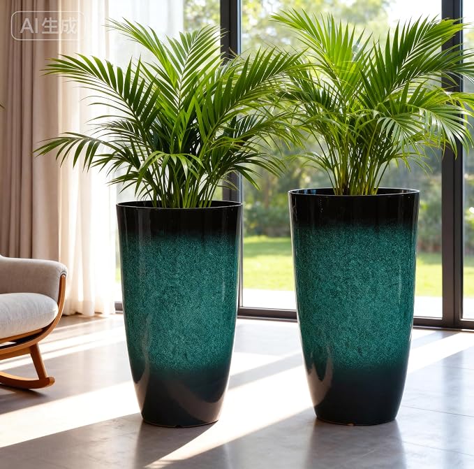 Autodaya 23.8" Tall Outdoor Planters Set of 2, Ceramic-Look Large Plastic Flower Pots with Drainage Holes, Gradient Turquoise Indoor Outdoor Plant Pots for Porch Patio Balcony Garden Home Decor