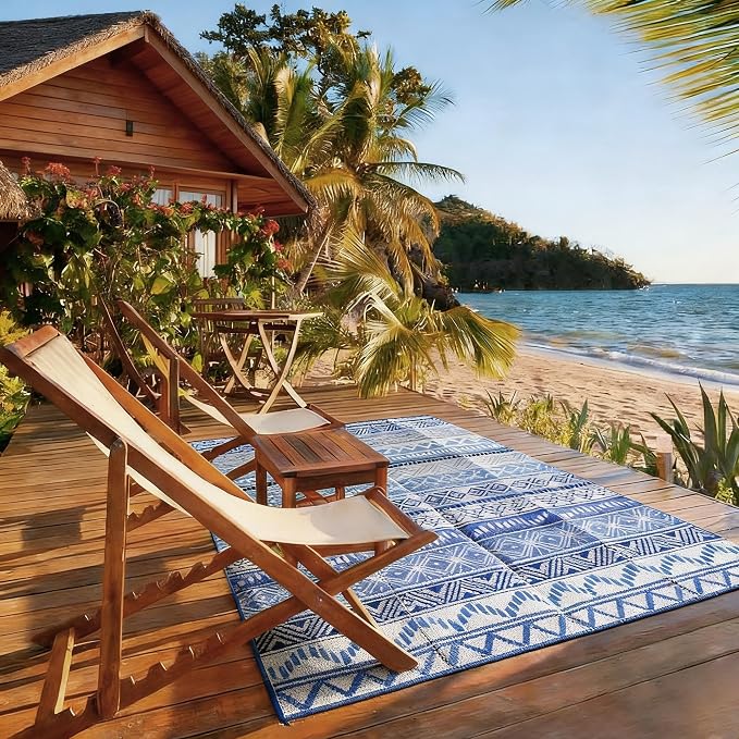 Blue Outdoor Rug Waterproof 5 x 8 ft, Reversible Plastic Straw Rug for Patio, Large Outdoor Carpet for RV, Patio, Camping, Backyard, Deck, Picnic, Beach, Navy & White