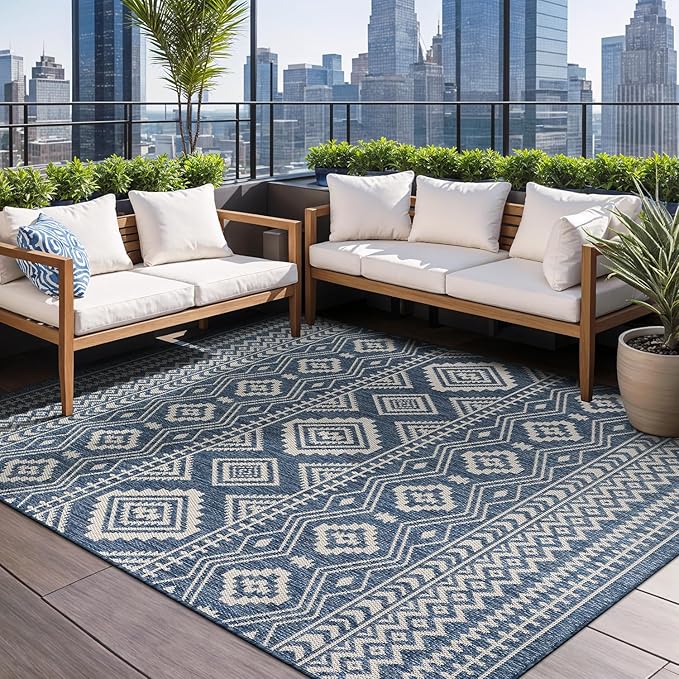 Beverly Rug Waikiki Boho Indoor Outdoor Rug 10x14, Washable Outside Carpet for Patio, Deck, Porch, Bohemian Area Rug, Farmhouse Rugs, Aztec Tribal Rug, Azure and White