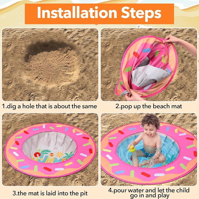 Hungdao Pop up Baby Beach Pool Portable Beach Pool for Toddler Cute Toddler Paddling Pit with Water Bag and Storage Bag for Infant Kids Boy Girl Outdoor Summer Camping Travel Vacation(Donut)