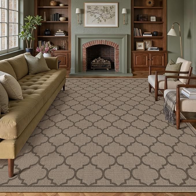 PureCozy 8x10 Geometric Figure Easy Jute Area Rug for Living Room Large Scalloped Washable Indoor Outdoor Carpet Farmhouse Patio Office Mat Geometric Non Slip Black Carpet for Backyard Dining Room
