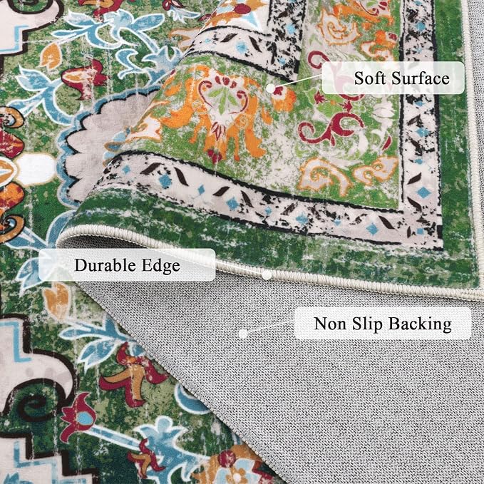 U'Artlines Boho Vintage Area Rug 6x9 Machine Washable Carpet, Green | Low Pile, Non Slip, Ultra-Thin Soft Floor Carpet, Accent Rug for Living Room Bedroom Dining Room Office