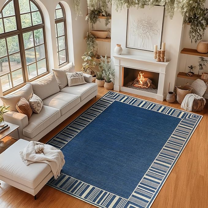 COZYLOOM Indoor Outdoor Rugs 8x10 Modern Easy Jute Washable Area Rug, Blue | Non Slip Neutral Bordered Non Shedding Stain Resistant Foldable Rug for Living Room Dining Room Bedroom Patio Backyard