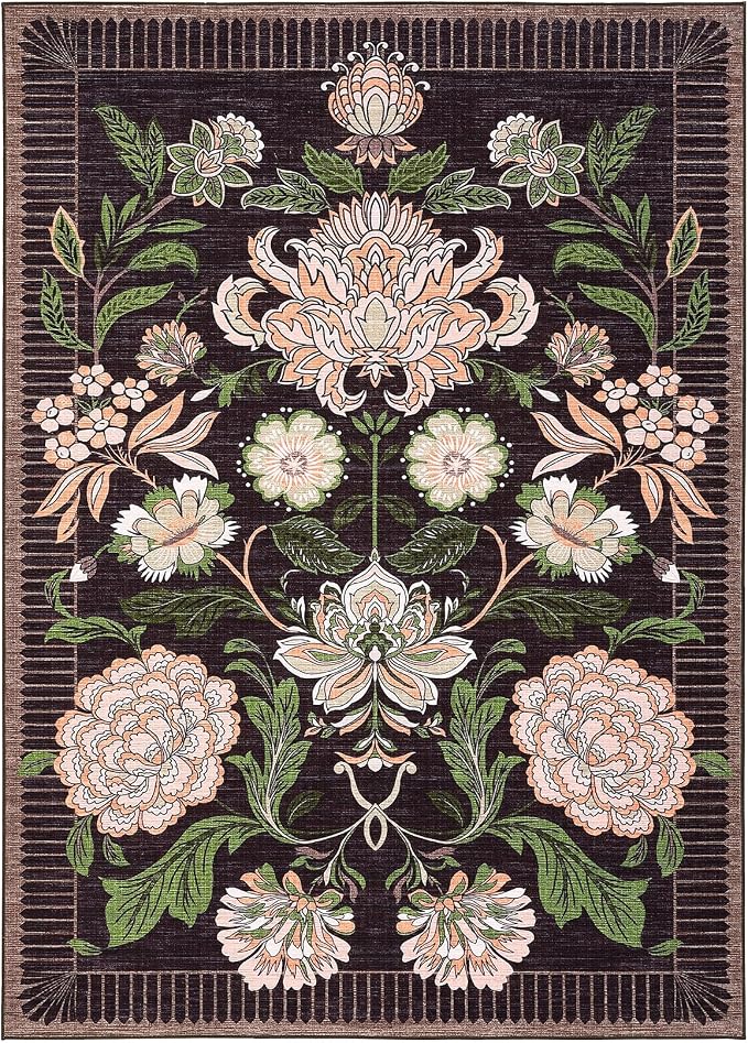 GarveeHome Plum Pink Floral Botanical Washable 8x10 Area Rug for Living Room Soft Black Purple Vintage Boho Cottage Large Rugs Low Pile Carpet for Bedroom Dining Nursery Rug