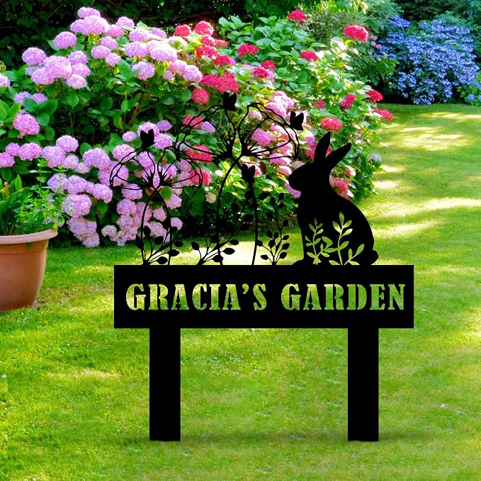 Custom Metal Rabbit and Flower Garden Stake, Bunny Metal Garden Sign, Personalized Easter Rabbit with Flower Sign, Farm Animal Sign, Pet Grave Marker, Rabbit Sympathy Gift, Pet Loss, Remembrance Stake