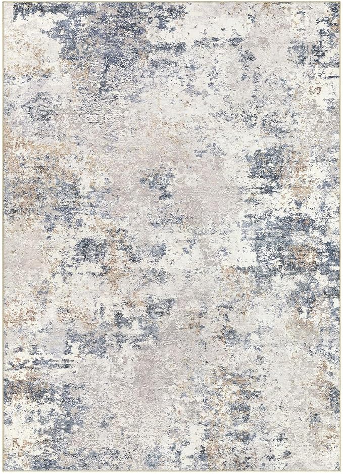 Nakagishi 10X12 Abstract Washable Area Rugs for Living Room-Blue Grey | Modern Non-Slip Silicone Backing Low Pile Soft Carpet for Bedroom Dining Decor Ideal for Families with Kids and Pets