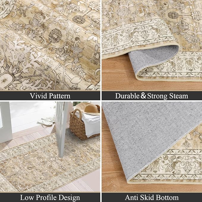 U'Artlines 2' x 6' Boho Hallway Runner Rug Non Slip Runners,Cream Tan | Washable, Vintage Farmhouse Kitchen Rug Accent Area Carpet for Entryway Laundry and Living Room