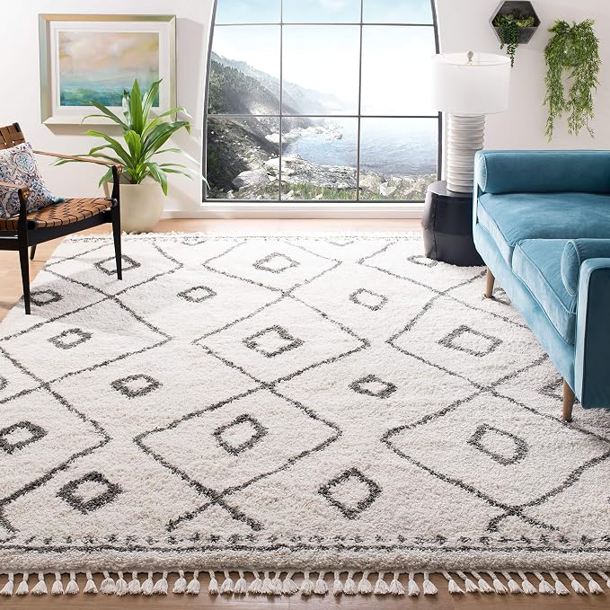 SAFAVIEH Moroccan Fringe Shag Collection Area Rug - 6'7" Square, Ivory & Grey, Boho Tribal Design, Non-Shedding & Easy Care, 2-inch Thick Ideal for High Traffic Areas in Living Room, Bedroom (MFG333A)