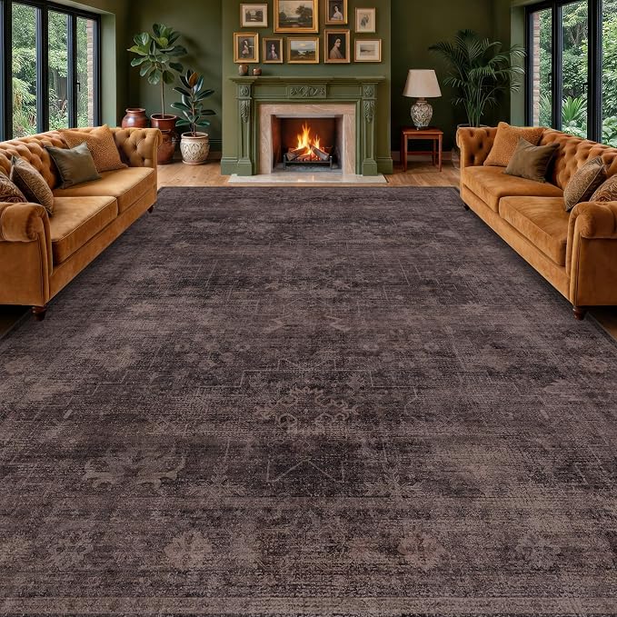 Farmhouse 9x12 Dark Taupe Brown Large Area Rugs for Living Room, Vintage Unique Washable Dark Brown Rug for Bedroom Under Bed with Distressed Geometric Design, Soft Stain Resistant Low Pile Non-Slip