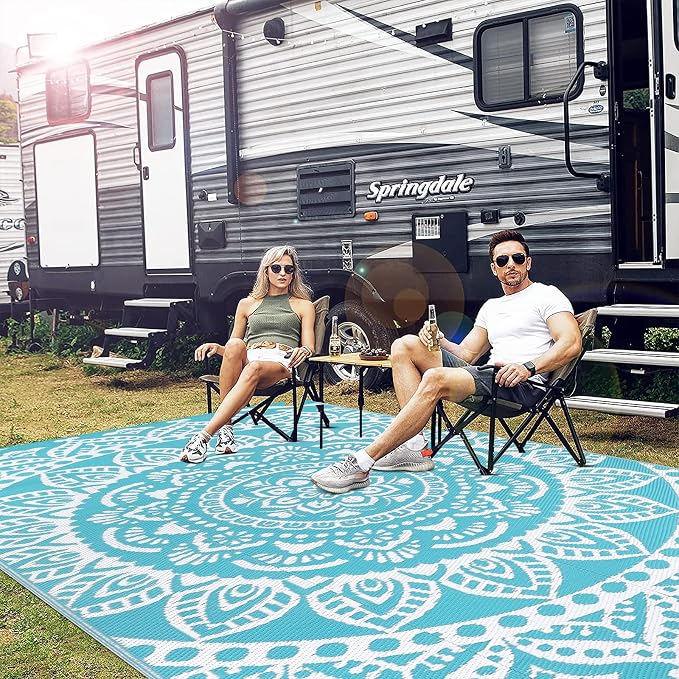 Bsmathom Waterproof Outdoor Rug 9x12ft Large Reversible Boho Plastic Straw Patio Deck Camping Rugs, Indoor Outdoor Portable RV Mat Carpet for Outside, Porch, Balcony, Backyard, Beach, Pool,Teal