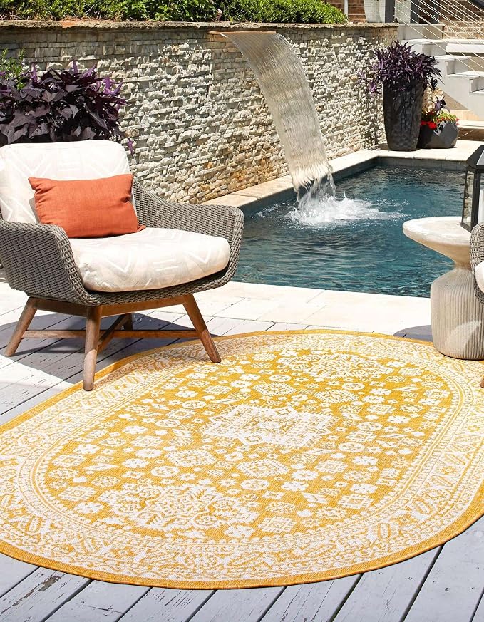Unique Loom Outdoor Aztec Collection Area Rug - Chalca (3' 3" x 5' 3" Oval, Yellow/ Ivory)