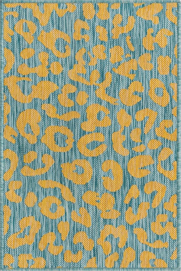 Unique Loom Outdoor Safari Collection Area Rug - Leopard (2' 2" x 3' 1" Rectangle, Blue Yellow/ Blue)