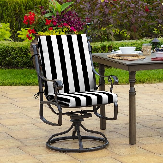 Arden 4-Pack Outdoor Patio Dining Chair Cushion, 20 x 44, Rain-Proof Seat Pad, Fade-Resistant Outdoor Cushion Black Cabana Stripe