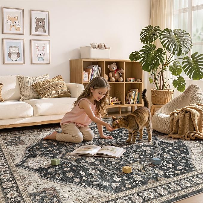 DTICON Vintage Washable 9x12 Area Rug Living Room Rugs, Black | Boho Distressed, Pet & Kid Friendly, Non-Slip Backing, Soft Polyester, Low-pile Carpet for Living Room, Bedroom, Dining Room