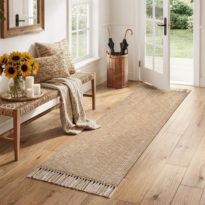 2' x 6' Kitchen Runner Rug, Modern Farmhouse Washable Bathroom Mat | Boho Hand Woven Rugs for Hallways, Tan/Cream Jute Bedroom Runner Rug, Reversible Carpet for Laundry, Entryway, Bedside, Patio